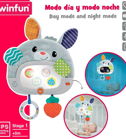 Set of four Winfun bunny-shaped baby toys, soft and colorful, measuring 25x35x2.5 cm, designed for young children.