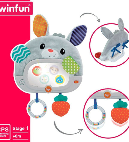 Set of four Winfun baby plush rabbit toys, soft and colorful, measuring 25x35x2.5 cm, designed for young children’s play.
