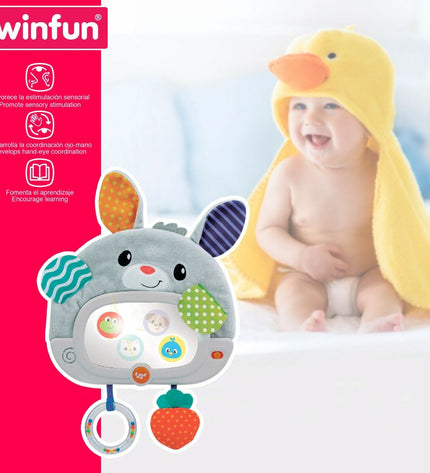 Set of four Winfun baby plush rabbit toys, soft and colorful, measuring 25x35x2.5 cm, designed for young children’s play.