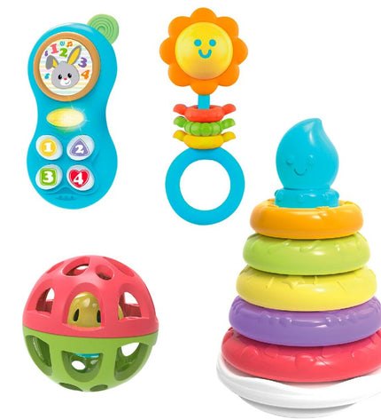 Set van vier Winfun babyspeelgoed in kleuren, geschikt voor jonge kinderen, met diverse vormen en zachte texturen.