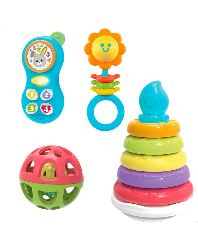Set van vier Winfun babyspeelgoed in kleuren, geschikt voor jonge kinderen, met diverse vormen en zachte texturen.