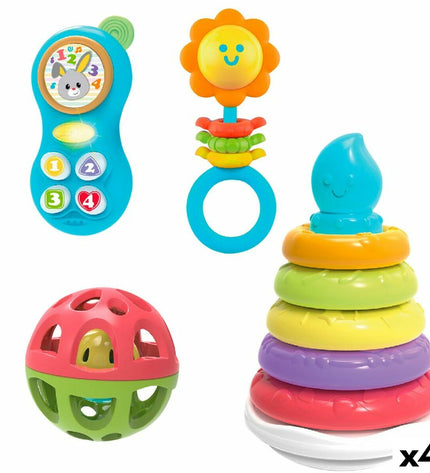 Set van vier Winfun baby speelgoed met kleurrijke vormen en zachte materialen, geschikt voor jonge kinderen en baby's.