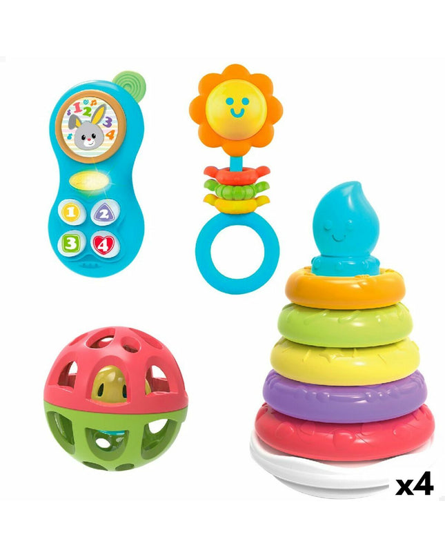 Set van vier Winfun baby speelgoed met kleurrijke vormen en zachte materialen, geschikt voor jonge kinderen en baby's.