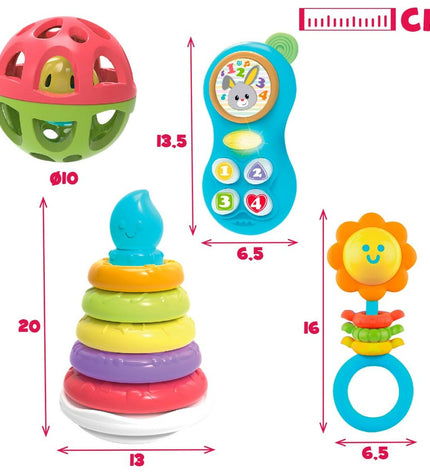 Set van vier Winfun babyspeelgoed in kleurrijke vormen, geschikt voor jonge kinderen, met afmetingen 13x20x13 cm