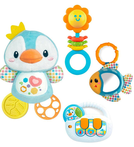 Set of four Winfun baby toys, colorful and soft, designed for young children, measuring 14 x 20.5 x 7.5 cm each.