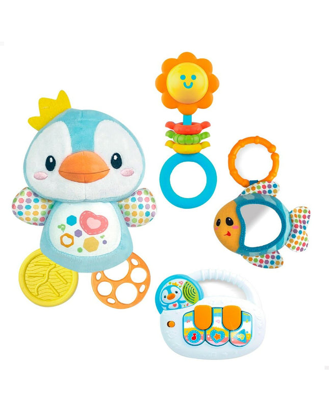 Set of four Winfun baby toys, colorful and soft, designed for young children, measuring 14 x 20.5 x 7.5 cm each.