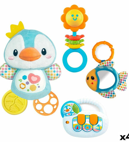 Set of four Winfun baby toys, colorful and soft, designed for infants with various shapes and textures for young children.