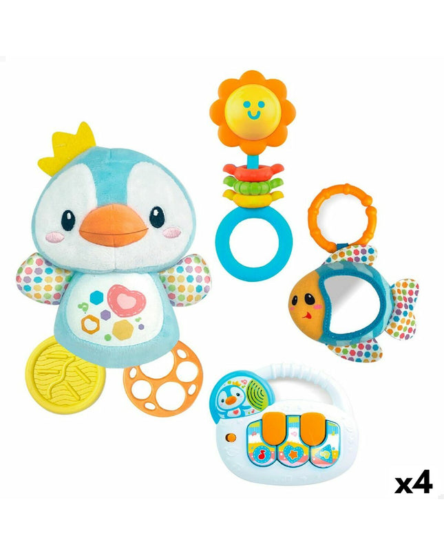 Set of four Winfun baby toys, colorful and soft, designed for infants with various shapes and textures for young children.