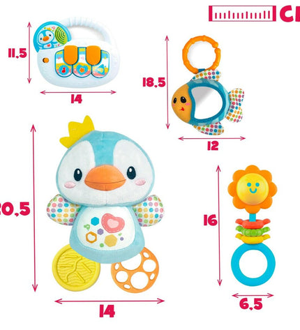 Set of four Winfun baby toys, colorful and soft, designed for infants, measuring 14 x 20.5 x 7.5 cm, perfect for early play.
