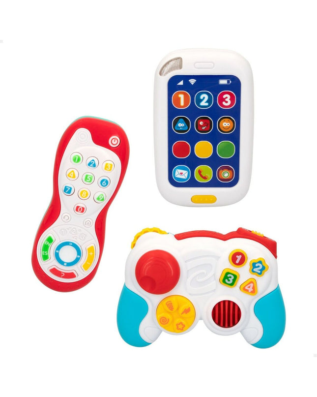 Set of four PlayGo baby toys, colorful and small, for young children, measuring 14.5 x 10.5 x 5.5 cm.
