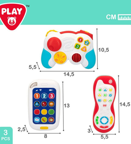 Set van vier PlayGo baby speelgoed, kleurrijk en veilig, geschikt voor jonge kinderen, met verschillende vormen en texturen.