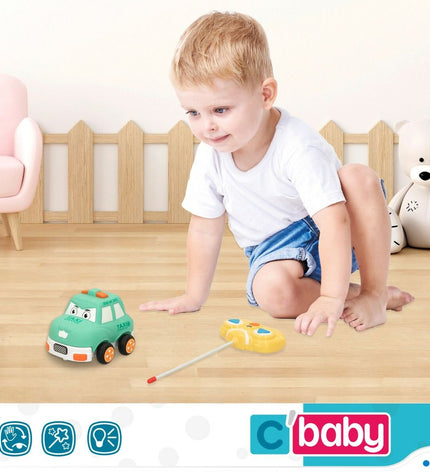 Six green Colorbaby remote control police cars, 13x9x10 cm, toy vehicles for children, shown in a set on a white background.