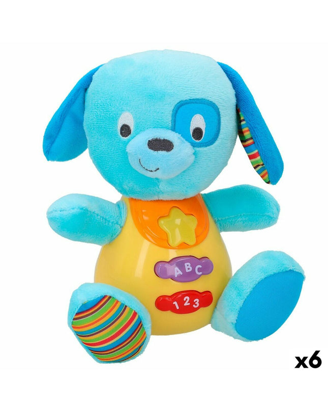 Set of six Winfun plush dog toys with sound, measuring 15.5 x 16.5 x 11.5 cm, soft and suitable for children.