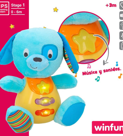 Set of six Winfun plush dog toys with sound, measuring 15.5 x 16.5 x 11.5 cm, soft and cuddly for children.