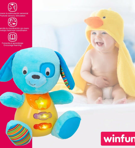 Set of six Winfun plush dog toys with sound, soft material, measuring 15.5 x 16.5 x 11.5 cm, perfect for children.