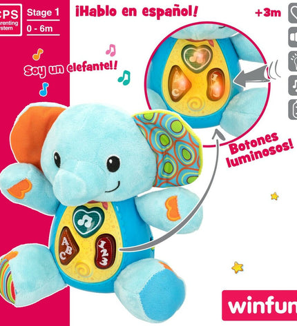 Six Winfun plush elephant toys with sound, soft texture, measuring 17x17.5x10 cm, perfect for children's play and comfort.