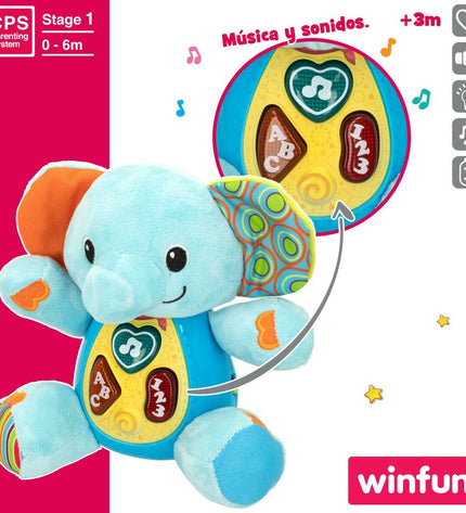 Set of six Winfun soft elephant plush toys with sound, each approximately 17 x 17.5 x 10 cm, plush and kid-friendly.