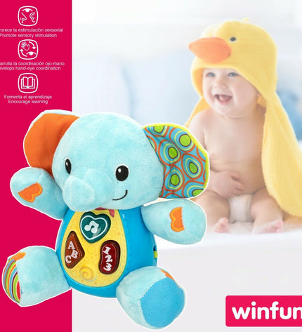 Set of six Winfun plush elephant toys with sound, soft stuffed animals measuring 17 x 17.5 x 10 cm, perfect for children’s play.