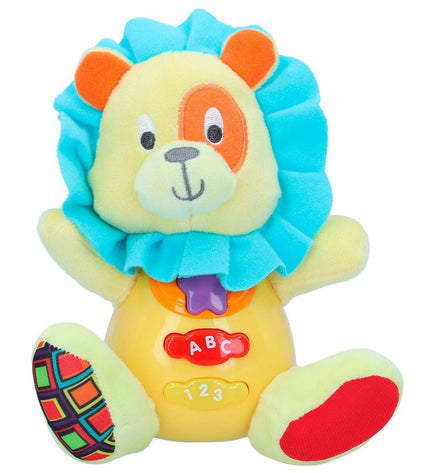Set of six Winfun soft plush lion toys with sound, each measuring 15x15x9 cm, suitable for children’s play and cuddling.