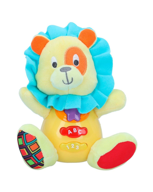 Set of six Winfun soft plush lion toys with sound, each measuring 15x15x9 cm, suitable for children’s play and cuddling.