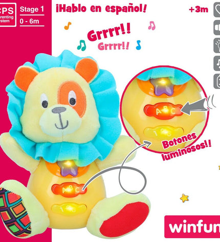 Six Winfun plush lion toys with sound, soft material, measuring 15x15x9 cm each, ideal for kids' play and cuddling.