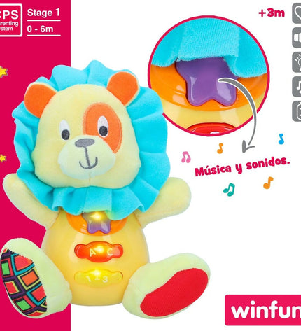 Set of six Winfun soft plush lion toys with sound, each measuring 15x15x9 cm, designed for children’s play and comfort.