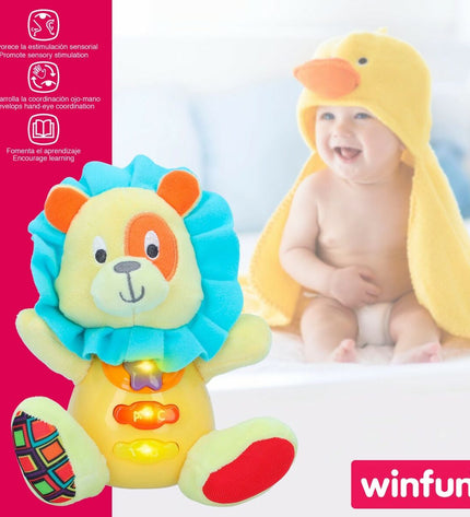 Six Winfun plush lion toys with sound, soft stuffed animals measuring 15x15x9 cm, ideal for children's play and comfort.