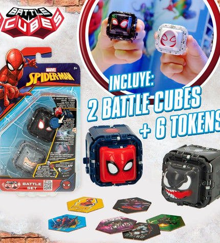Set of 12 Spider-Man Battle Cubes, colorful agility game toys from the Spider-Man brand, designed for playful skill challenges.