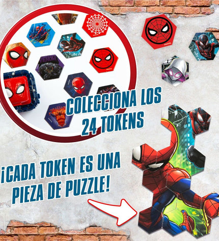 Set of 12 Spider-Man Battle Cubes, colorful agility game toys featuring Spider-Man characters, for kids' play and fun activities.