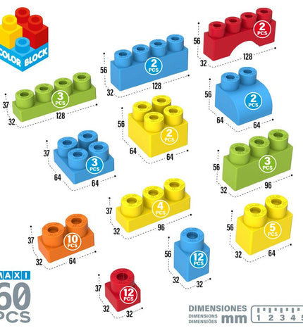 Color Block Bouwstenen Color Block 60 onderdelen, colorful building blocks for kids, arranged in a playful setup.