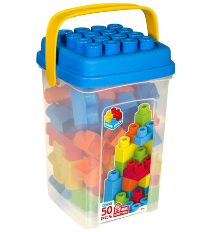 Color Block basic cube set with 50 colorful building pieces for kids' construction play, featuring six sturdy toy cubes.