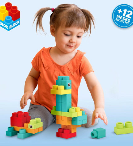 Color Block Bouwspel with 52 colorful building pieces, 4 sets of interlocking toy blocks for creative play and construction.