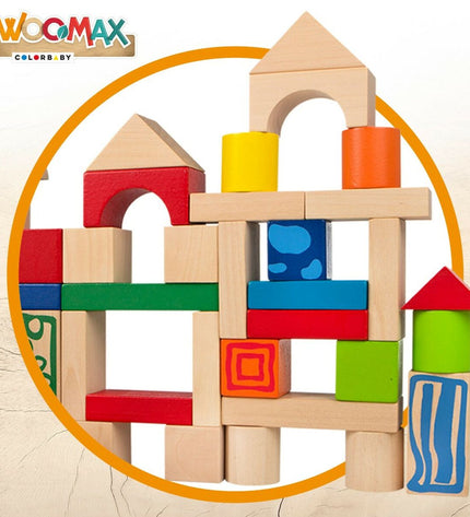 Woomax Bouwspel Woomax 50 onderdelen speelgoed en games with six colorful construction pieces on a white background.