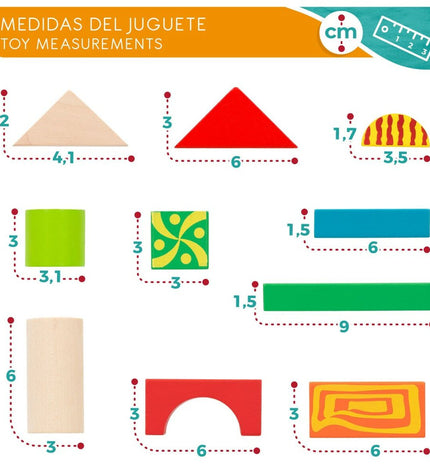 Woomax Bouwspel Woomax 50 onderdelen, 6 stuk speelgoed en games set with colorful building pieces on a flat surface.