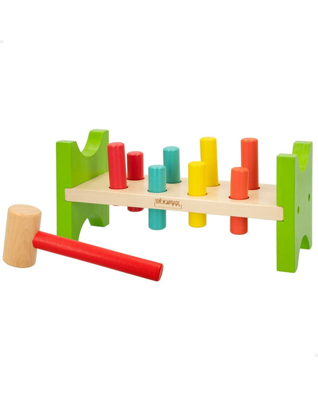 Woomax Behendigheidsspel with 10 colorful wooden pieces for toddlers, measuring 26x12x9 cm, designed for young children's play.