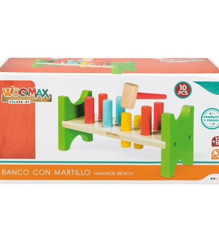 Woomax baby agility game with 10 colorful wooden pieces, measuring 26x12x9 cm, designed for young children’s play.