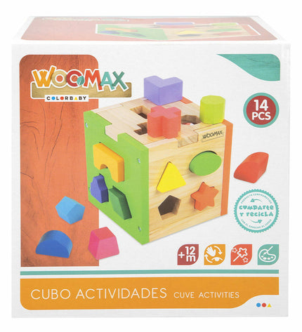 Set of six wooden baby puzzles by Woomax, 15x15x15 cm, featuring colorful interlocking pieces for young children’s play and development.