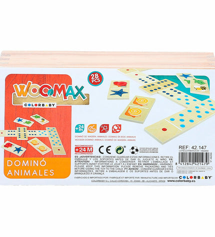 Woomax Domino Woomax dieren set with 12 colorful animal-themed domino pieces for fun educational gameplay.