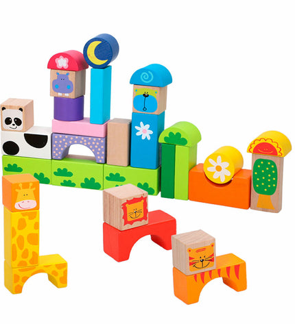 Woomax Bouwspel dieren set with 32 colorful building pieces and 6 animal figures, ideal for creative play and construction.