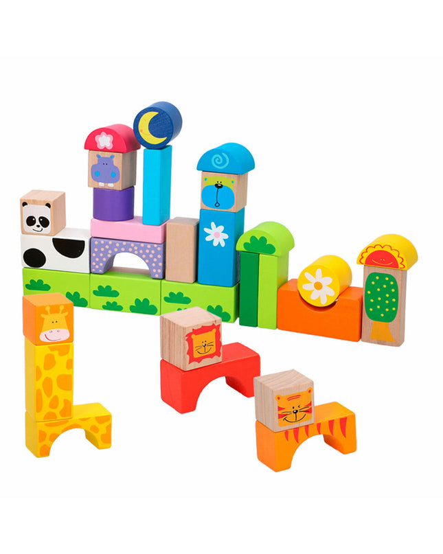Woomax Bouwspel dieren set with 32 colorful building pieces and 6 animal figures, ideal for creative play and construction.