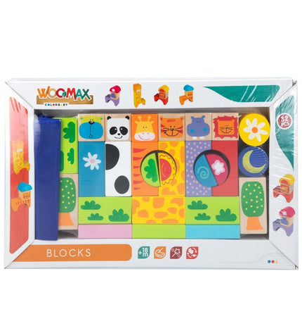 Woomax Bouwspel dieren set with 32 toy building parts, six animal figures for creative play and construction activities.
