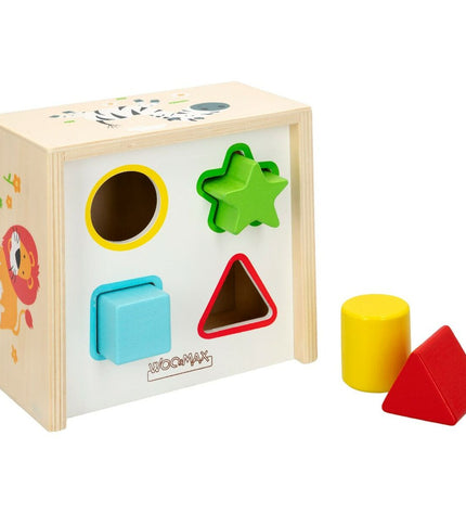 Woomax houten kinderpuzzel with six colorful shape pieces for baby and young children, measuring 13.5 x 7.5 x 13 cm.