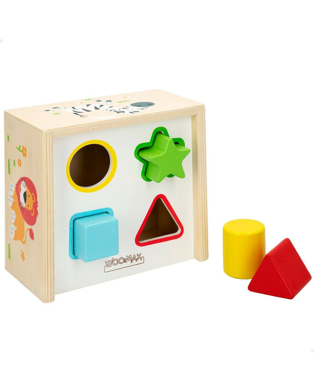 Woomax houten kinderpuzzel with six colorful shape pieces for baby and young children, measuring 13.5 x 7.5 x 13 cm.