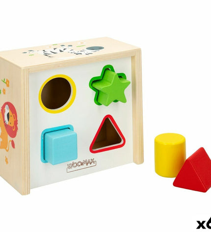 Woomax houten kinderpuzzel with 6 colorful shape pieces for babies, measuring 13.5x7.5x13 cm, suitable for young children.