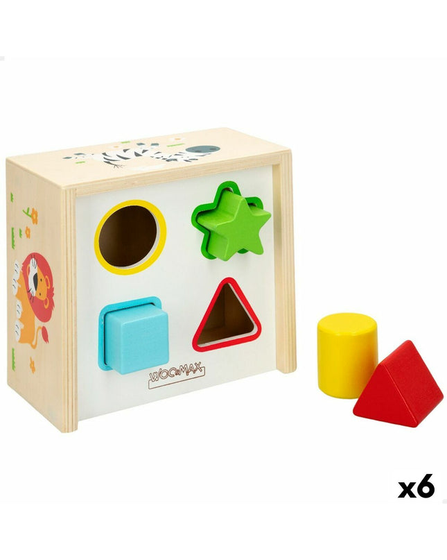 Woomax houten kinderpuzzel with 6 colorful shape pieces for babies, measuring 13.5x7.5x13 cm, suitable for young children.