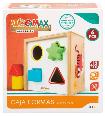 Woomax houten kinderpuzzel with six colorful shape pieces, designed for young children, measuring 13.5 x 7.5 x 13 cm.