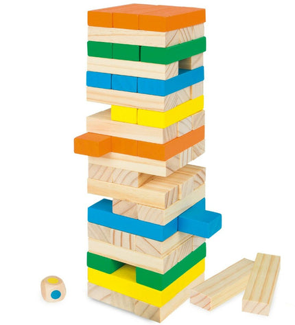 Woomax Jenga wooden block game with six pieces, featuring natural wood finish and classic stacking design for fun indoor play.