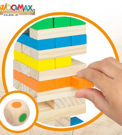 Woomax Jenga Woomax wooden stacking game with six blocks, colorful and designed for fun and entertainment.