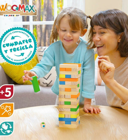 Woomax Jenga wooden tower game with six blocks, stackable toy for fun family game night, in a natural wood finish.