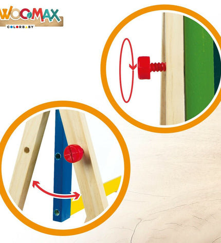 Set of four Woomax 2-in-1 play boards with 5 parts, measuring 37.5 x 65 x 30.5 cm, for creative activities and toys.